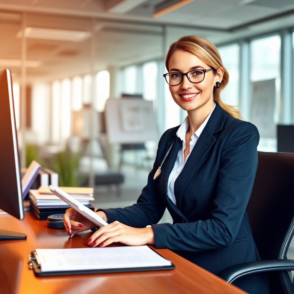 Administrative professional at an organized office desk with clipboard and documents