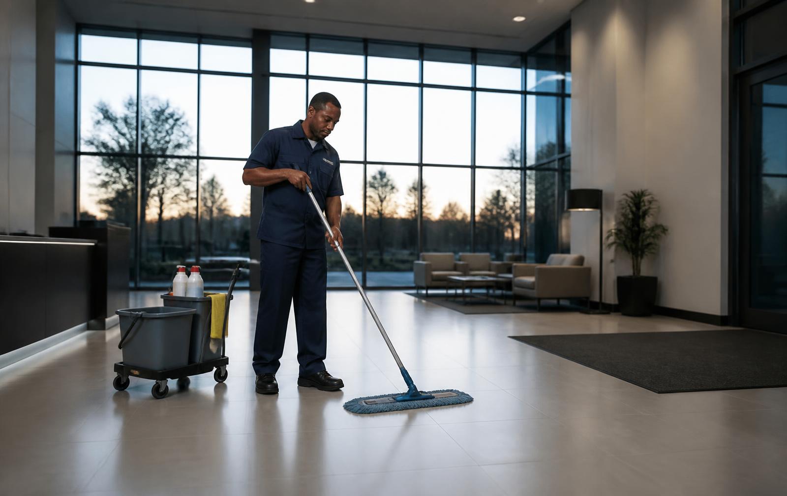 Janitorial worker mopping the floor of a modern commercial office lobby