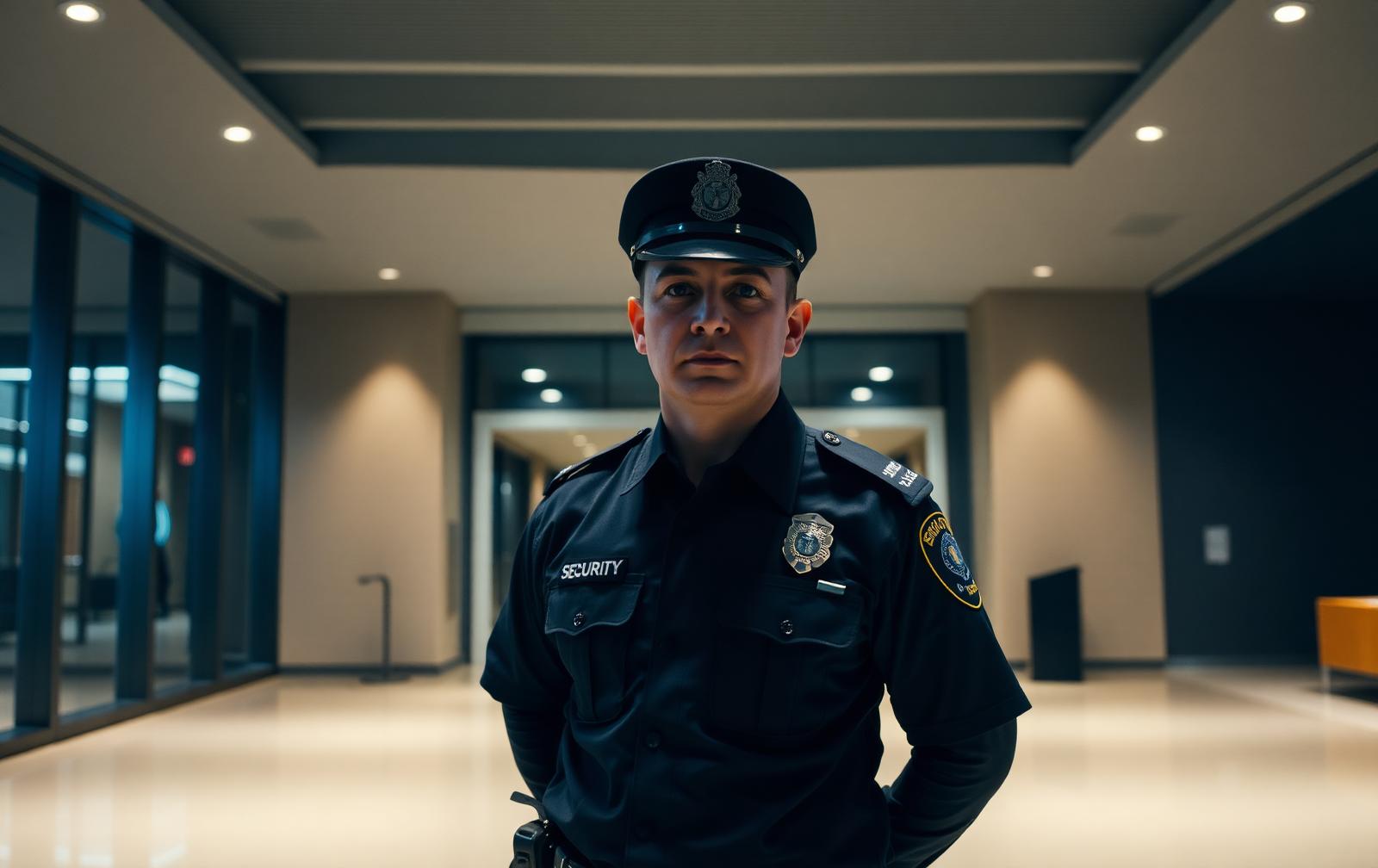 Uniformed security officer on duty in a commercial office lobby