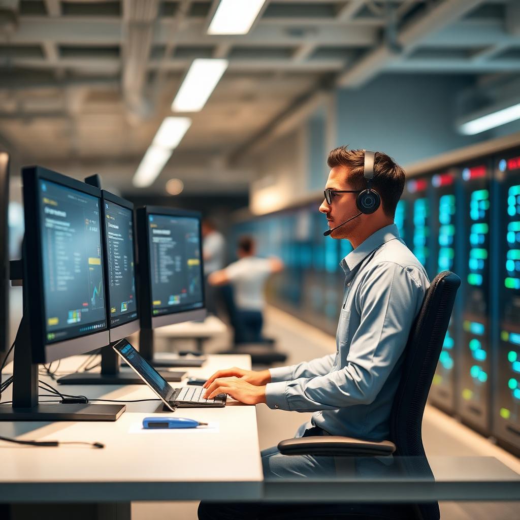 IT support technician at a modern help desk with multiple monitors